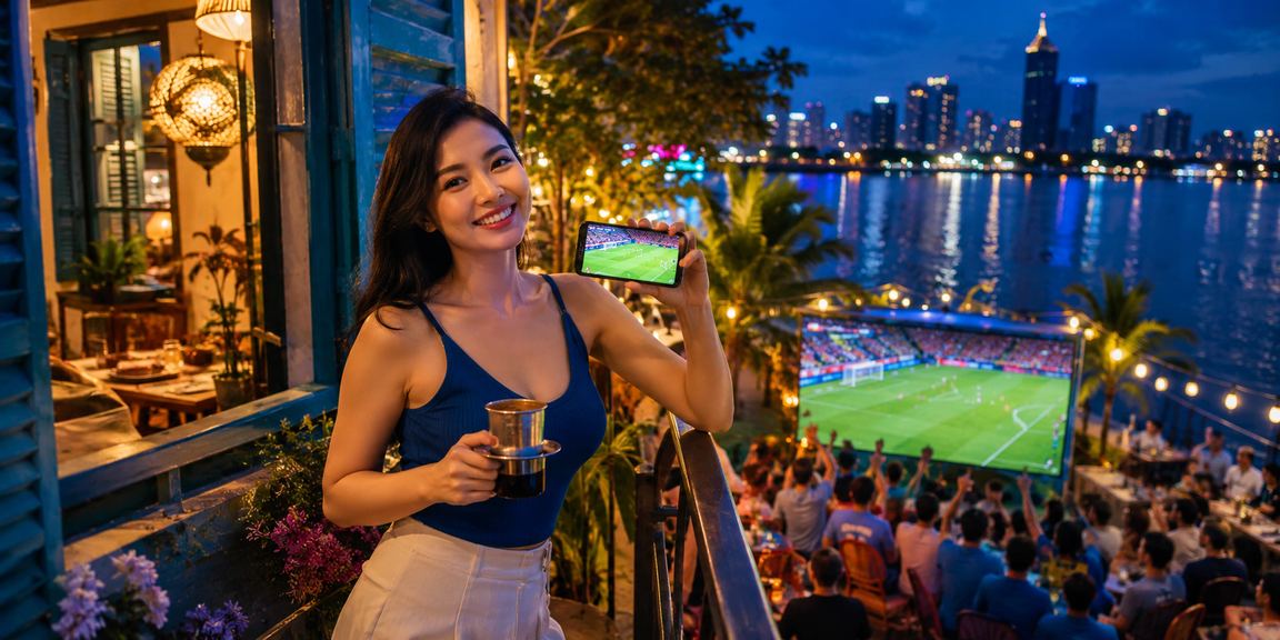 Người dùng TP.HCM xem kèo bóng đá kqsxmn bên ly cà phê buổi sáng